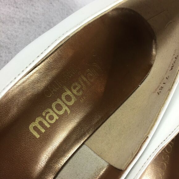 Vintage Magdesians for Jacobsons Low Wedge Heels 9.5 M White Leather Gold Plate - Picture 9 of 11